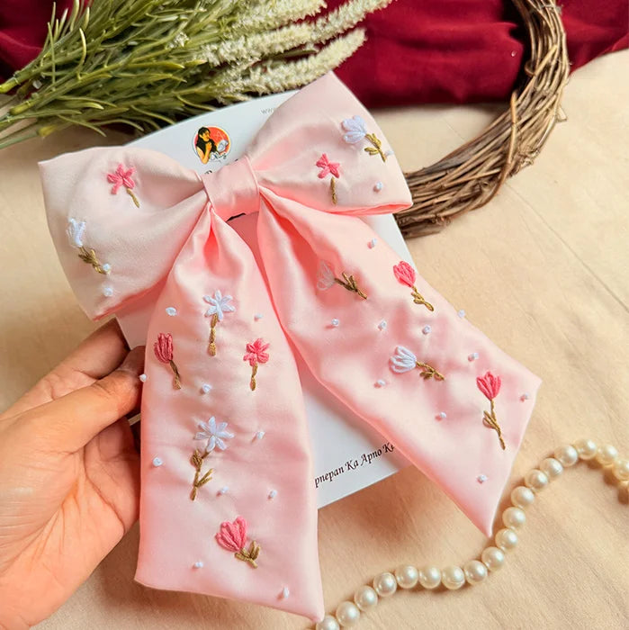 Lily Hand Embroidered Pink Floral Bow Hair Clip