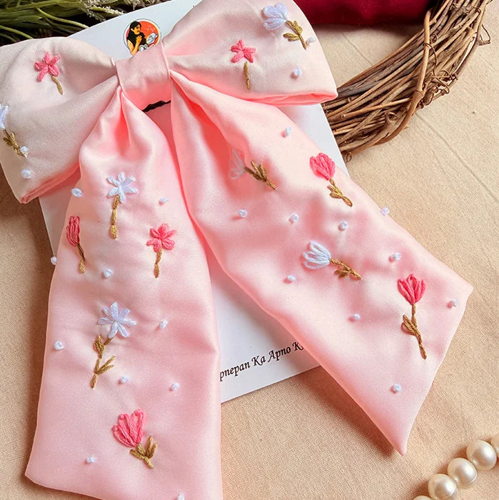 Lily Hand Embroidered Pink Floral Bow Hair Clip