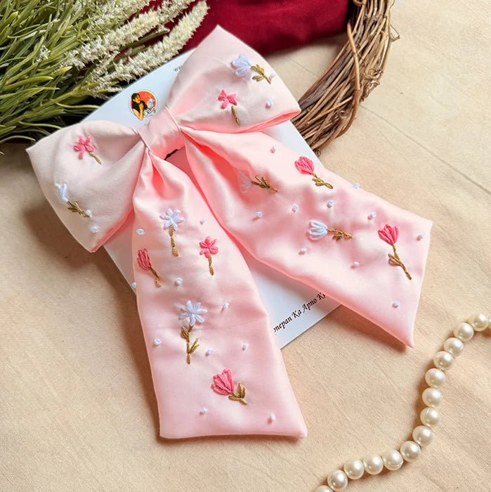 Lily Hand Embroidered Pink Floral Bow Hair Clip