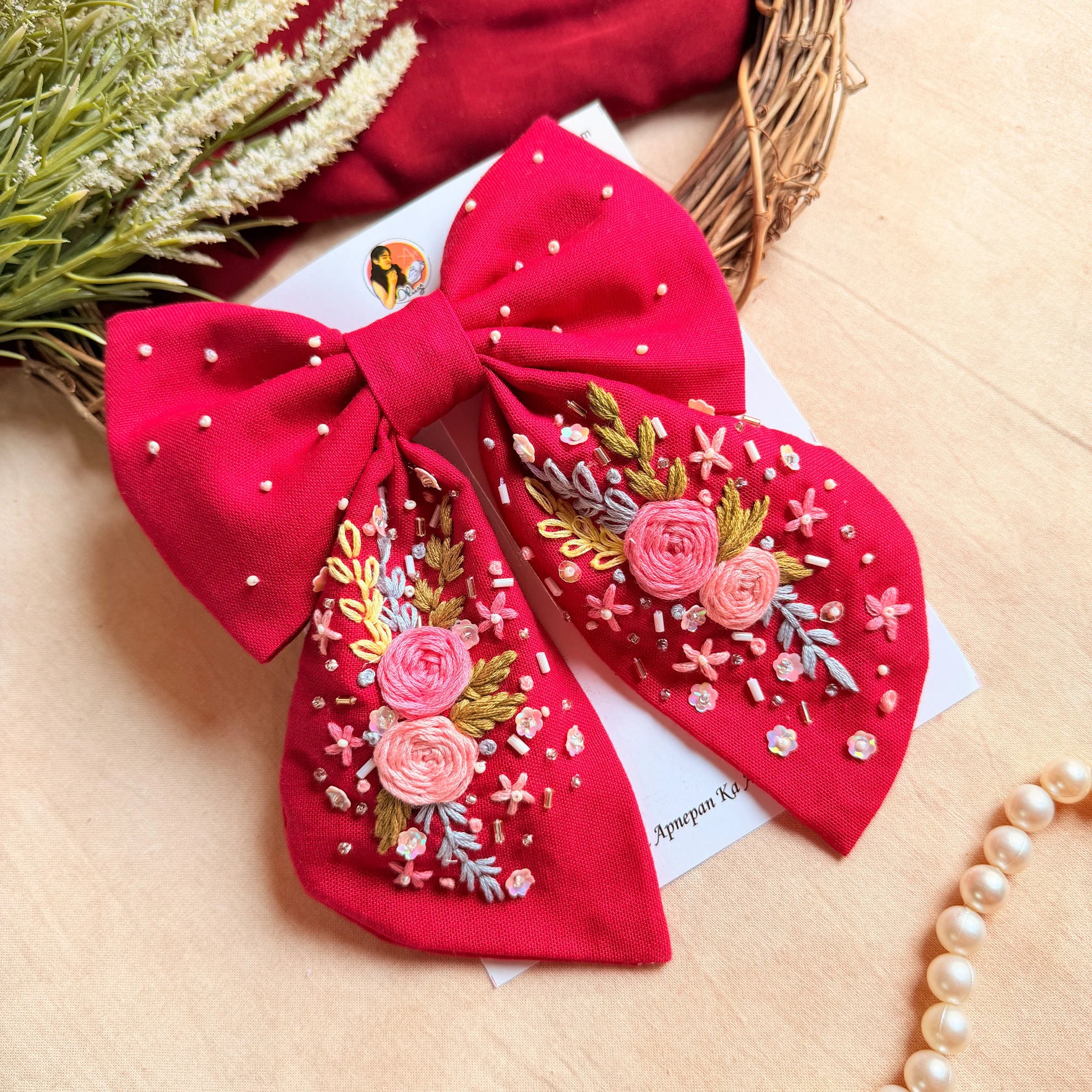 Ruby Rosette Hand Embroidered Floral Hair Bow