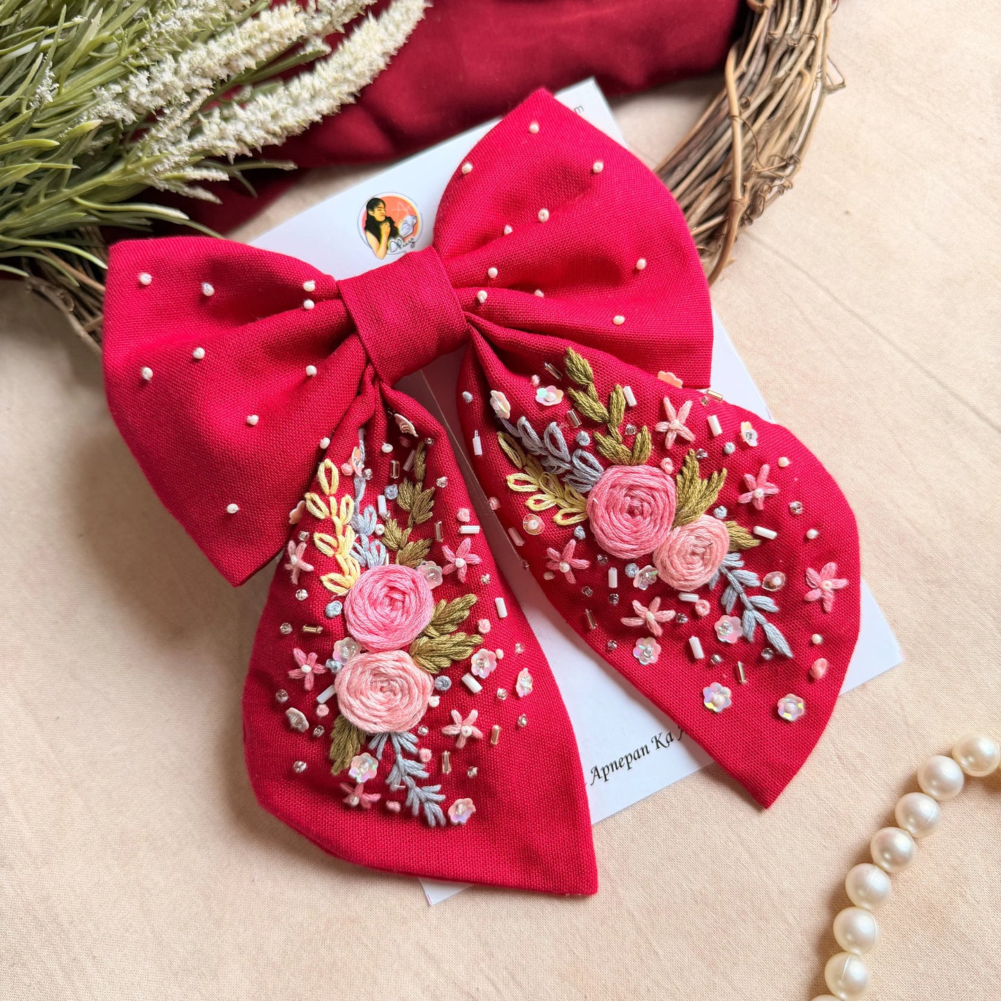 Ruby Rosette Hand Embroidered Floral Hair Bow