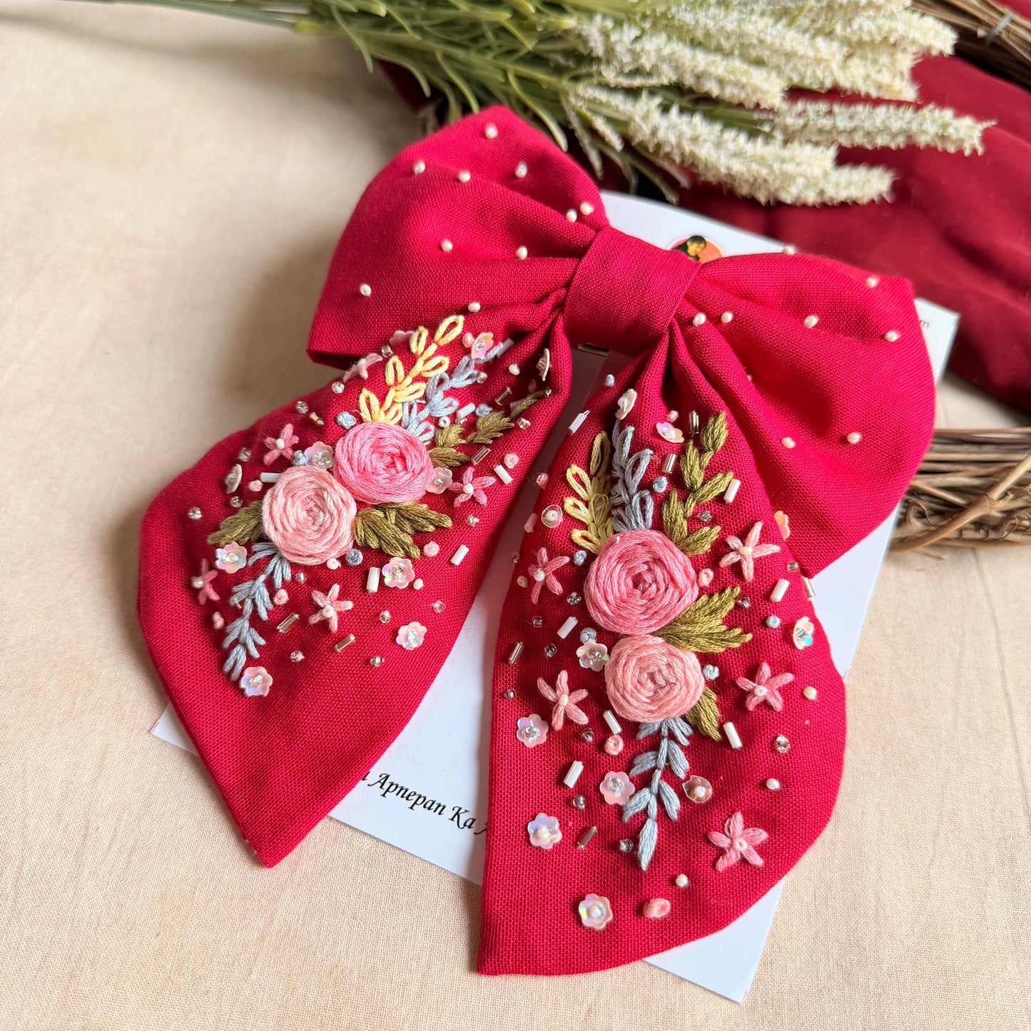 Ruby Rosette Hand Embroidered Floral Hair Bow