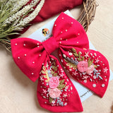 Ruby Rosette Hand Embroidered Floral Hair Bow