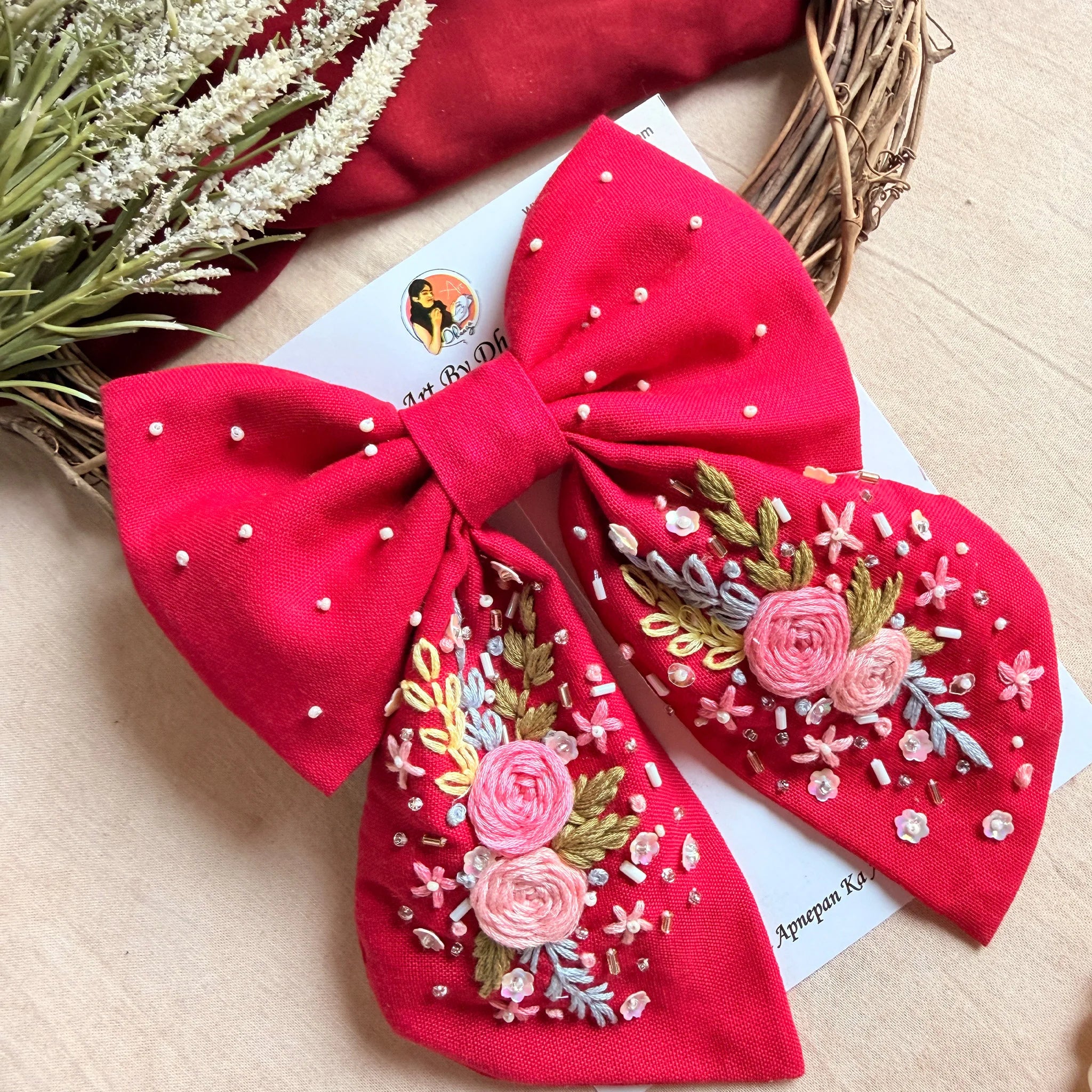 Ruby Rosette Hand Embroidered Floral Hair Bow