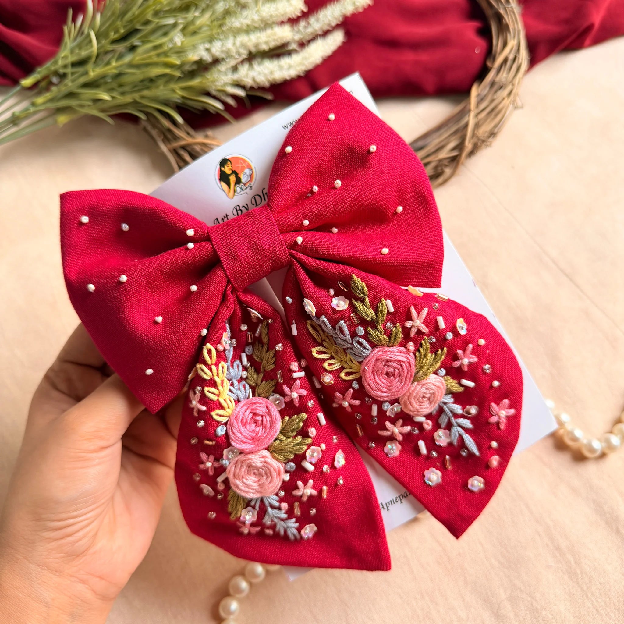 Ruby Rosette Hand Embroidered Floral Hair Bow