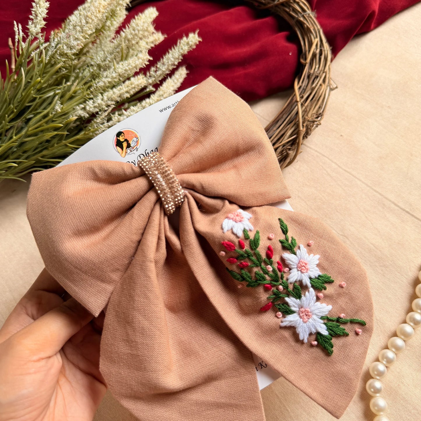 Blushwood Bloom Hand Embroidered Floral Hair Bow