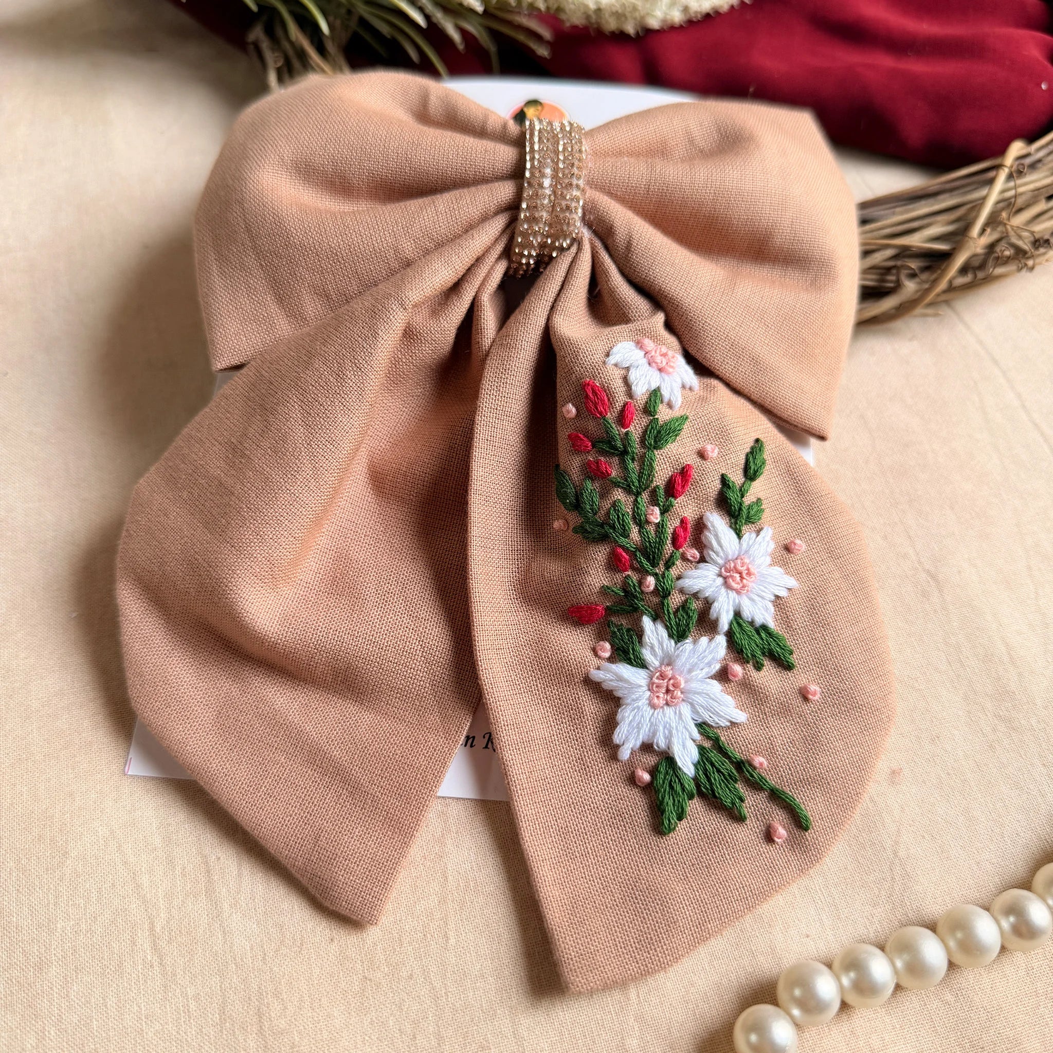 Blushwood Bloom Hand Embroidered Floral Hair Bow