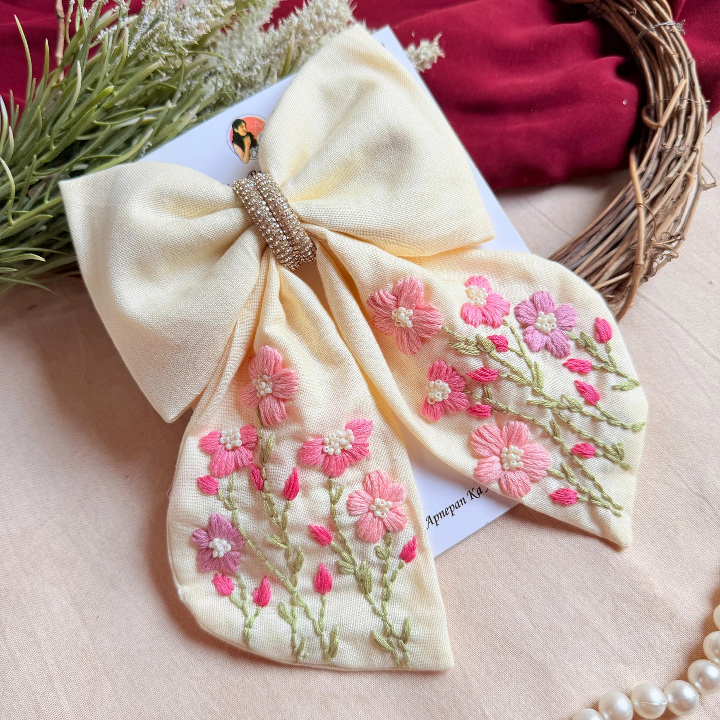 Vanilla Bloom Hand Embroidered Floral Hair Bow