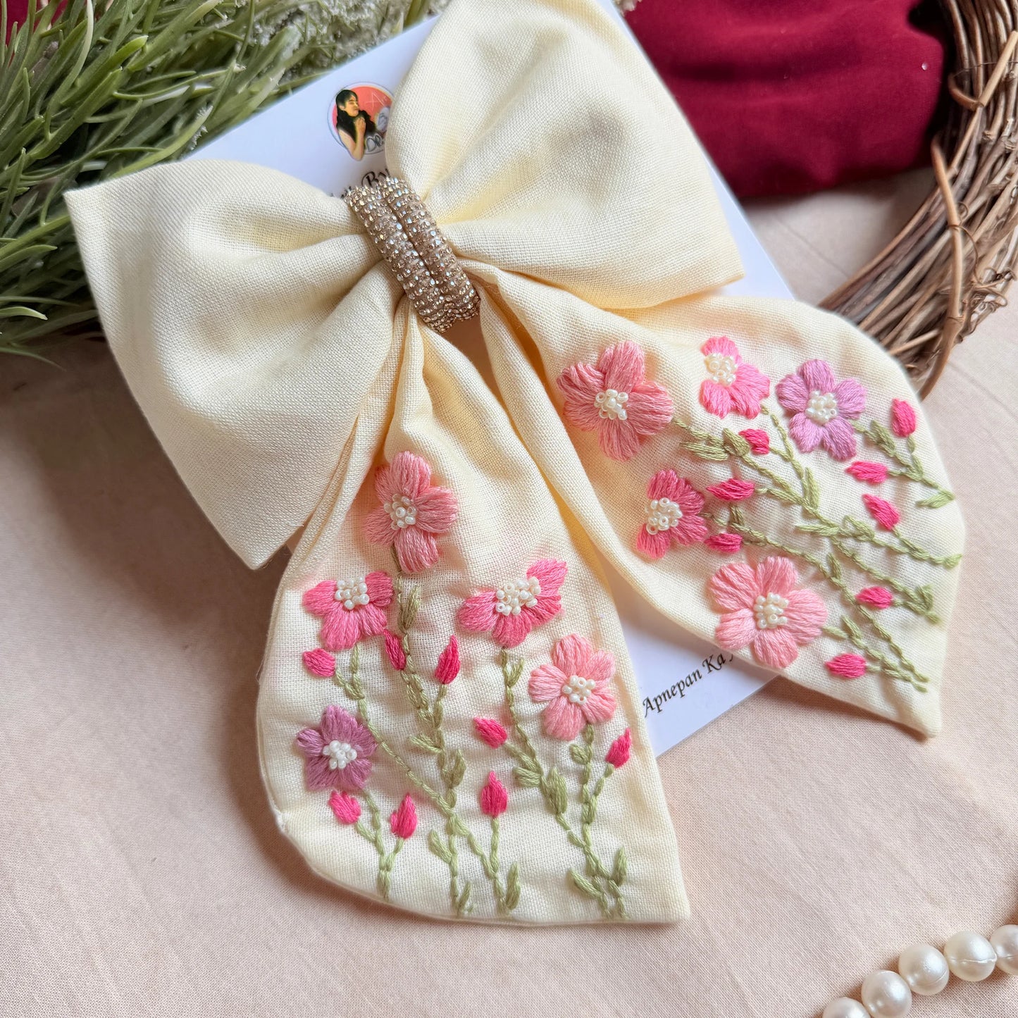 Vanilla Bloom Hand Embroidered Floral Hair Bow