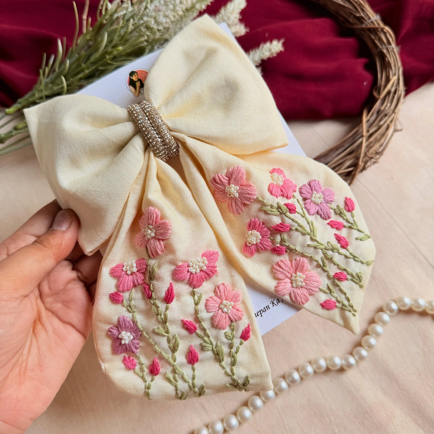 Vanilla Bloom Hand Embroidered Floral Hair Bow