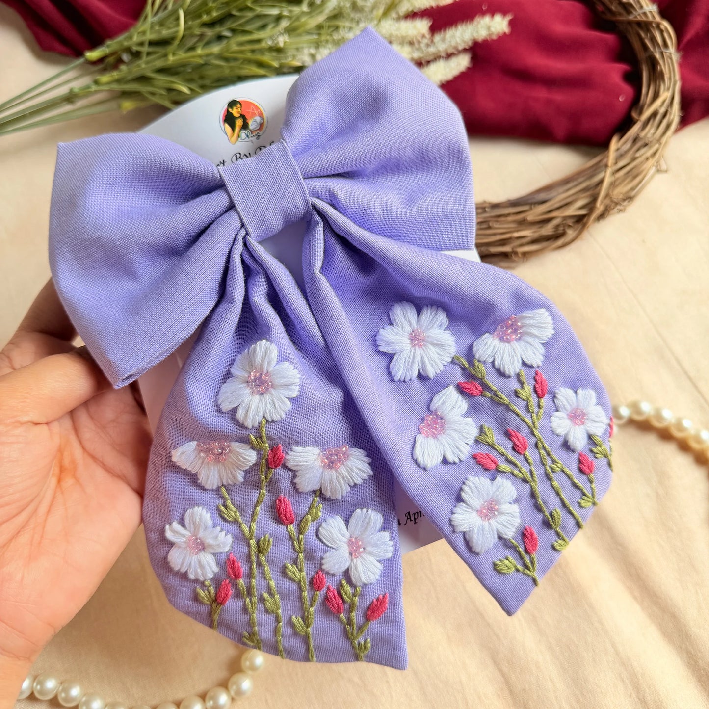 Lavender Poetry Hand Embroidered Floral Hair Bow