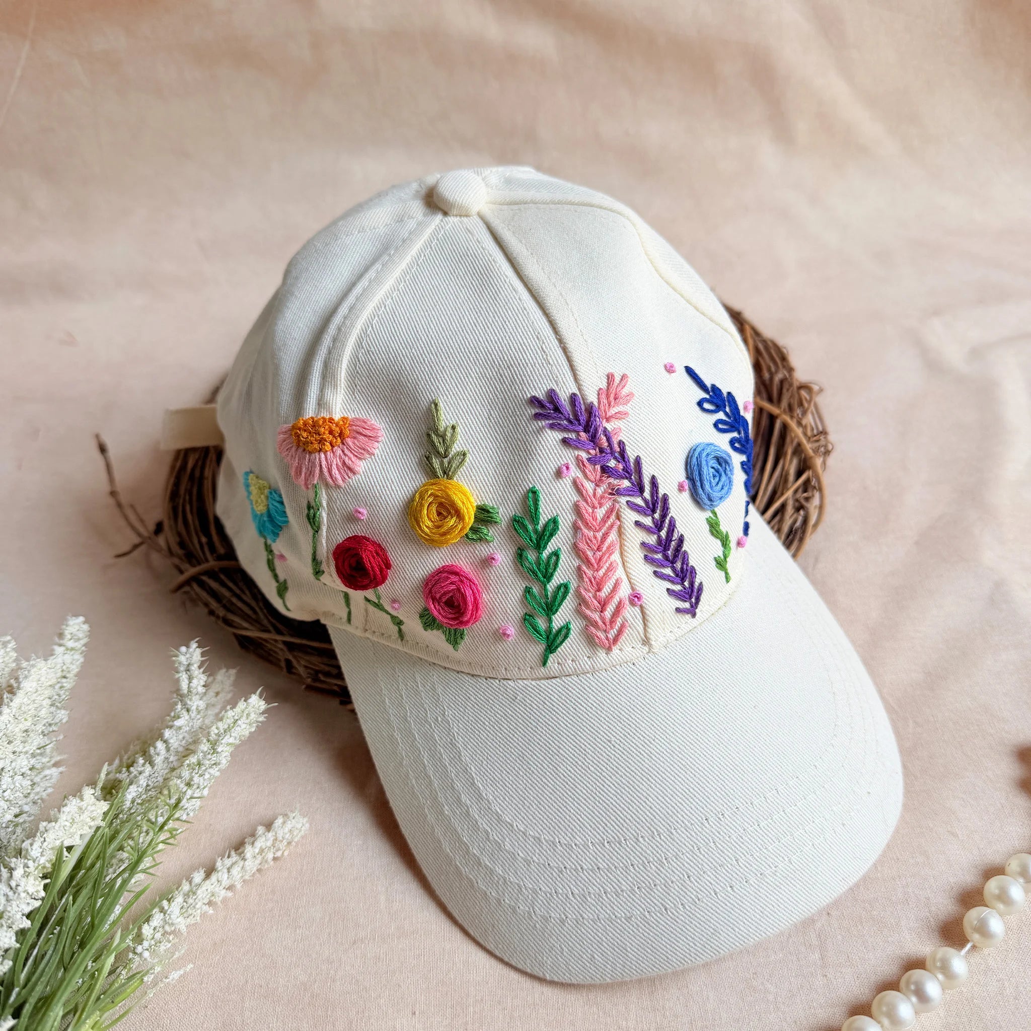 Garden of Grace Hand Embroidered Floral Cap