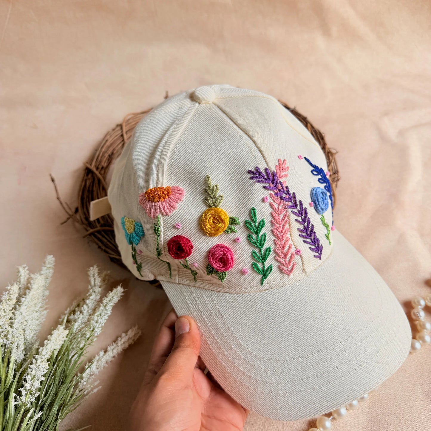 Garden of Grace Hand Embroidered Floral Cap