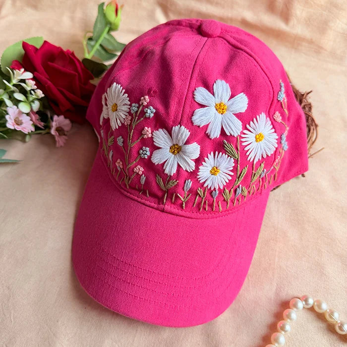 Pink Daisy Hand Embroidered Cap