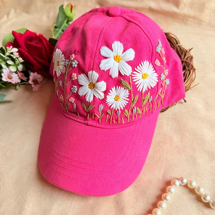 Pink Daisy Hand Embroidered Cap