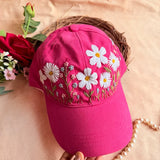 Pink Daisy Hand Embroidered Cap