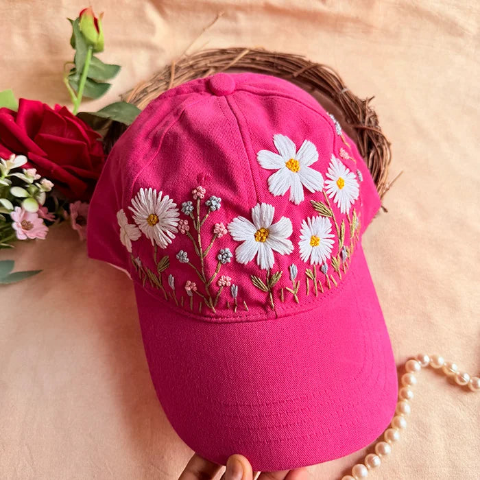 Pink Daisy Hand Embroidered Cap