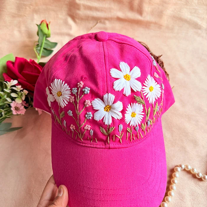 Pink Daisy Hand Embroidered Cap