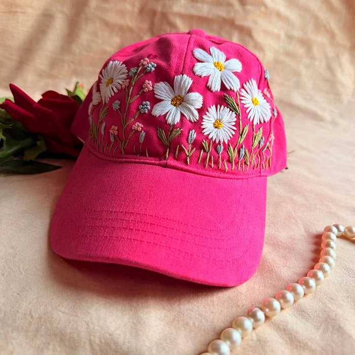 Pink Daisy Hand Embroidered Cap