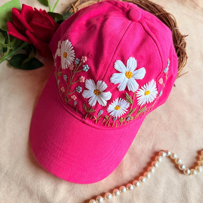Pink Daisy Hand Embroidered Cap