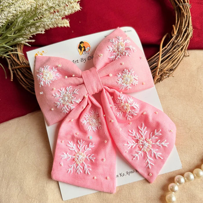 Frozen Pink Hand Embroidered Statement Bow