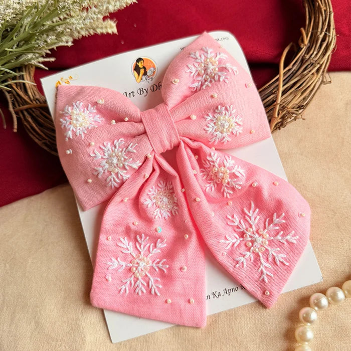 Frozen Pink Hand Embroidered Statement Bow