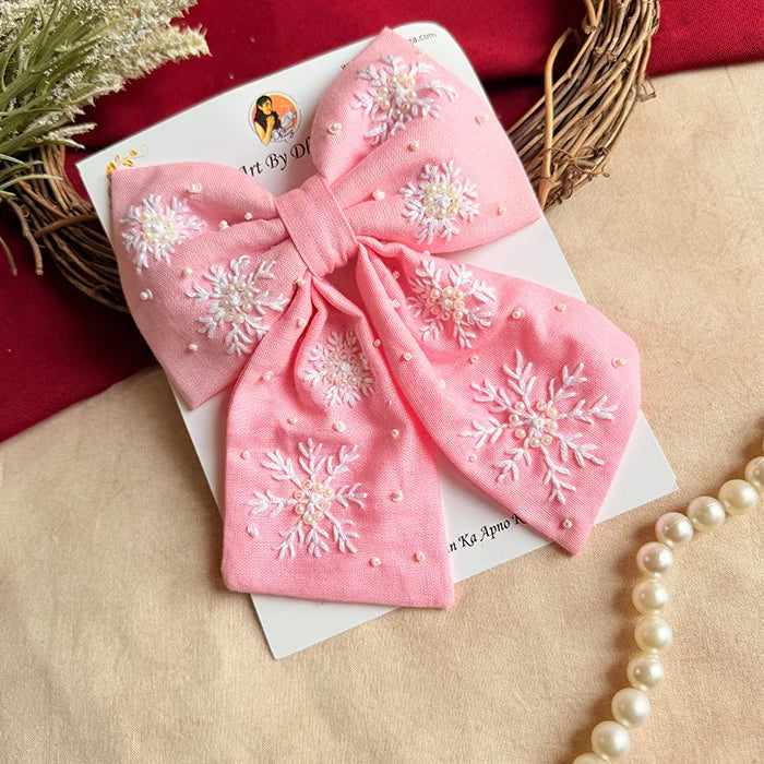 Frozen Pink Hand Embroidered Statement Bow