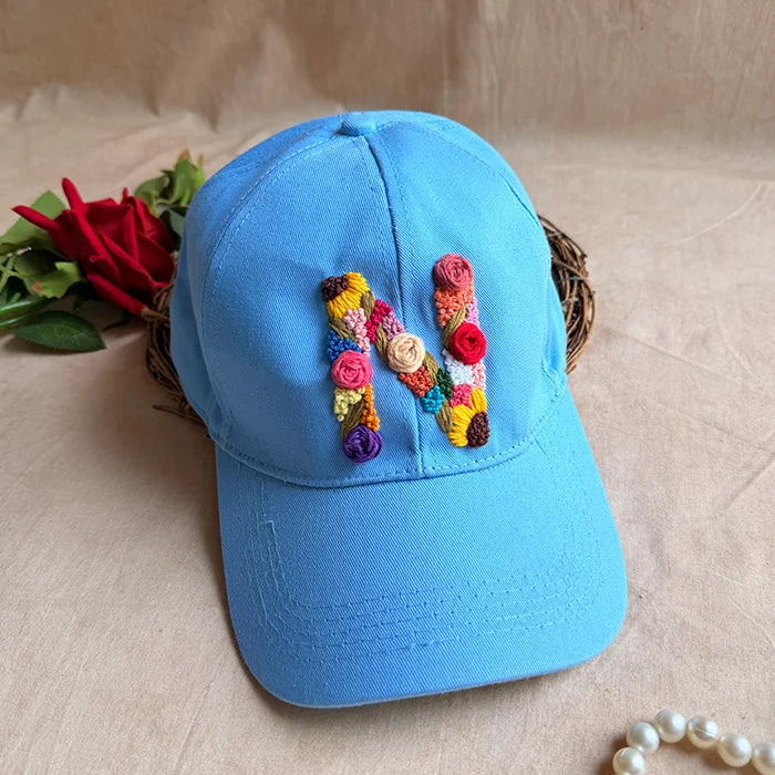 Nayra Personalized Hand-Embroidered Initial Summer Cap | Custom Floral Letter Cap