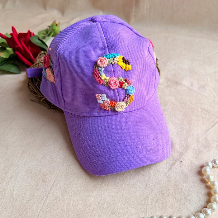 Rosy Initial Hand-Embroidered Lavender Summer Cap | Personalized Floral Initial Cap for Women