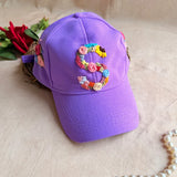 Rosy Initial Hand-Embroidered Lavender Summer Cap | Personalized Floral Initial Cap for Women