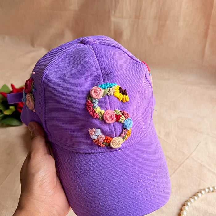 Rosy Initial Hand-Embroidered Lavender Summer Cap | Personalized Floral Initial Cap for Women