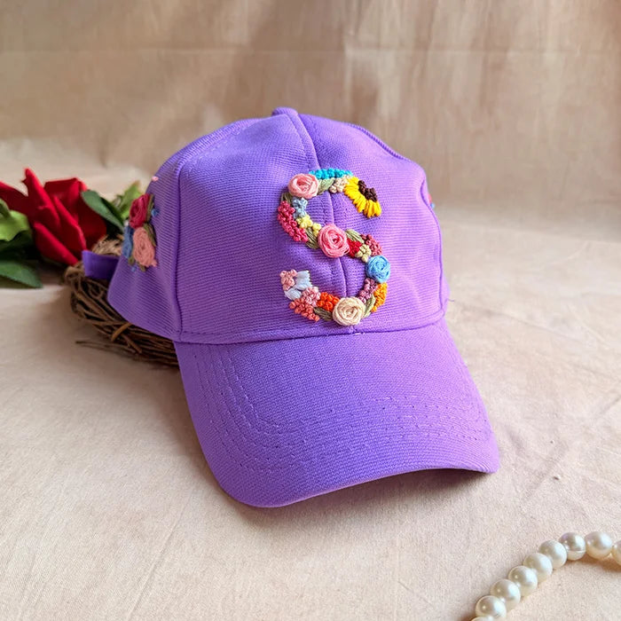 Rosy Initial Hand-Embroidered Lavender Summer Cap | Personalized Floral Initial Cap for Women