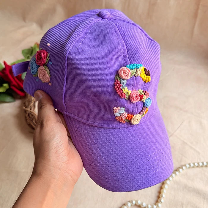 Rosy Initial Hand-Embroidered Lavender Summer Cap | Personalized Floral Initial Cap for Women