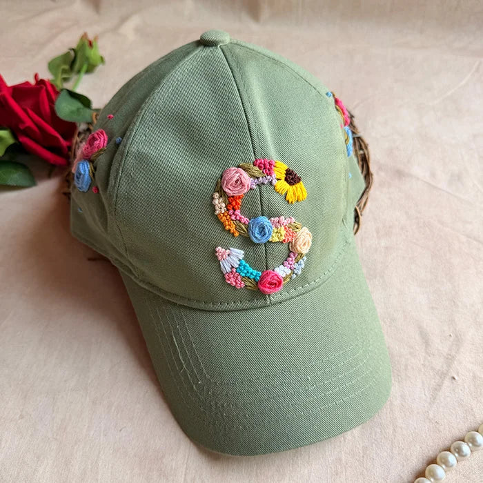 Rosy Initial Hand-Embroidered Olive Green Summer Cap | Personalized Floral Initial Cap for Women