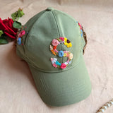 Rosy Initial Hand-Embroidered Olive Green Summer Cap | Personalized Floral Initial Cap for Women