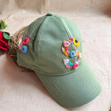 Rosy Initial Hand-Embroidered Olive Green Summer Cap | Personalized Floral Initial Cap for Women