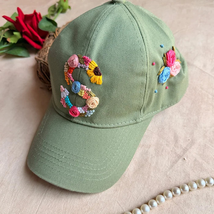 Rosy Initial Hand-Embroidered Olive Green Summer Cap | Personalized Floral Initial Cap for Women