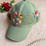 Rosy Initial Hand-Embroidered Olive Green Summer Cap | Personalized Floral Initial Cap for Women