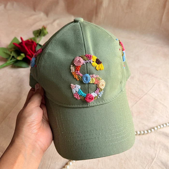 Rosy Initial Hand-Embroidered Olive Green Summer Cap | Personalized Floral Initial Cap for Women