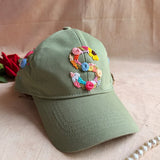 Rosy Initial Hand-Embroidered Olive Green Summer Cap | Personalized Floral Initial Cap for Women