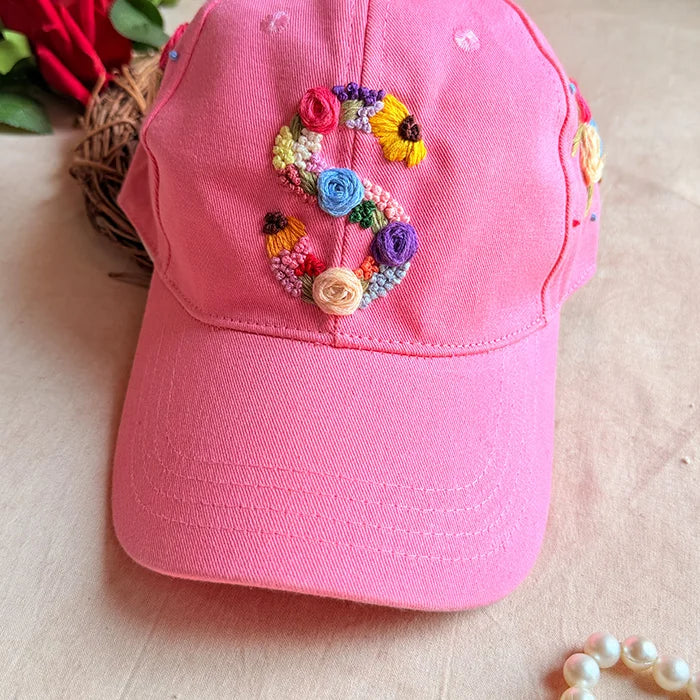 Rosy Initial Baby pink  Pink Summer Cap | Personalized Floral Initial Cap for Women