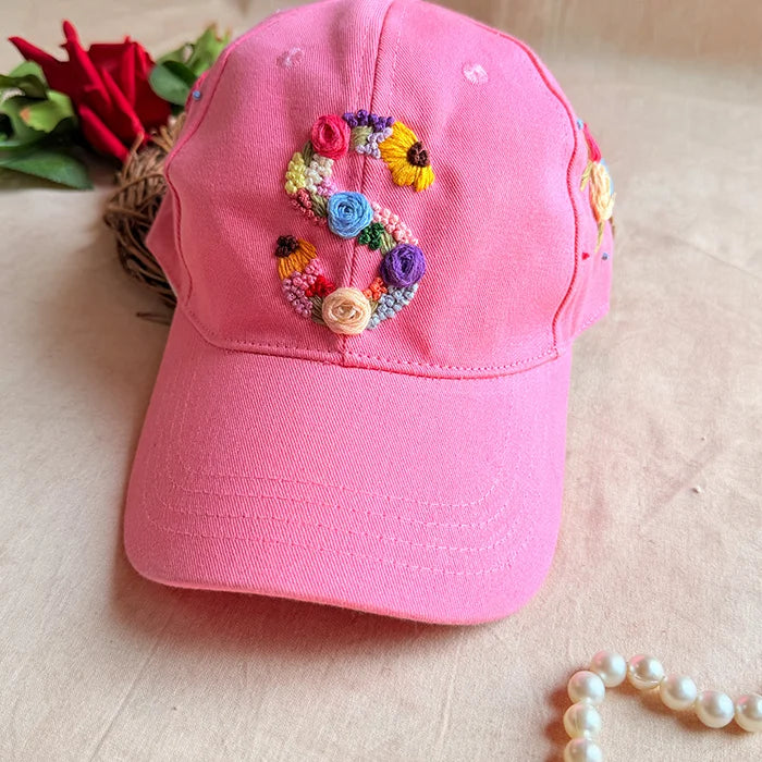 Rosy Initial Baby pink  Pink Summer Cap | Personalized Floral Initial Cap for Women