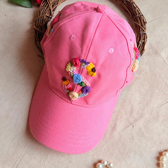 Rosy Initial Baby pink  Pink Summer Cap | Personalized Floral Initial Cap for Women