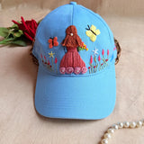 Garden Girl Personalized Sky Blue Summer Cap | Handmade Floral Cap for Women