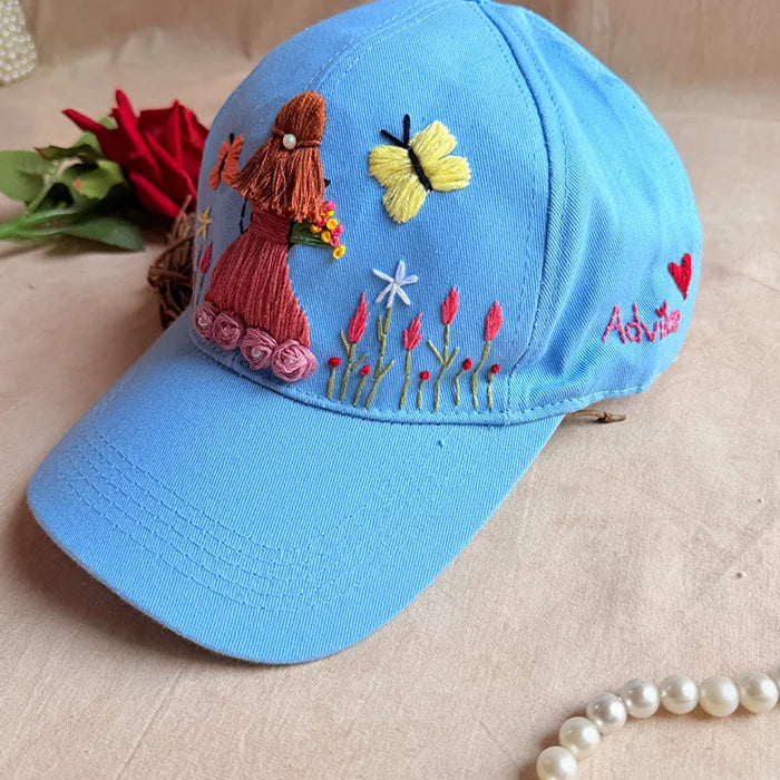 Garden Girl Personalized Sky Blue Summer Cap | Handmade Floral Cap for Women