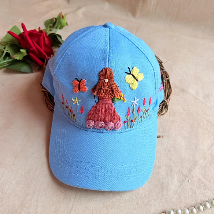 Garden Girl Personalized Sky Blue Summer Cap | Handmade Floral Cap for Women