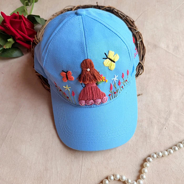 Garden Girl Personalized Sky Blue Summer Cap | Handmade Floral Cap for Women