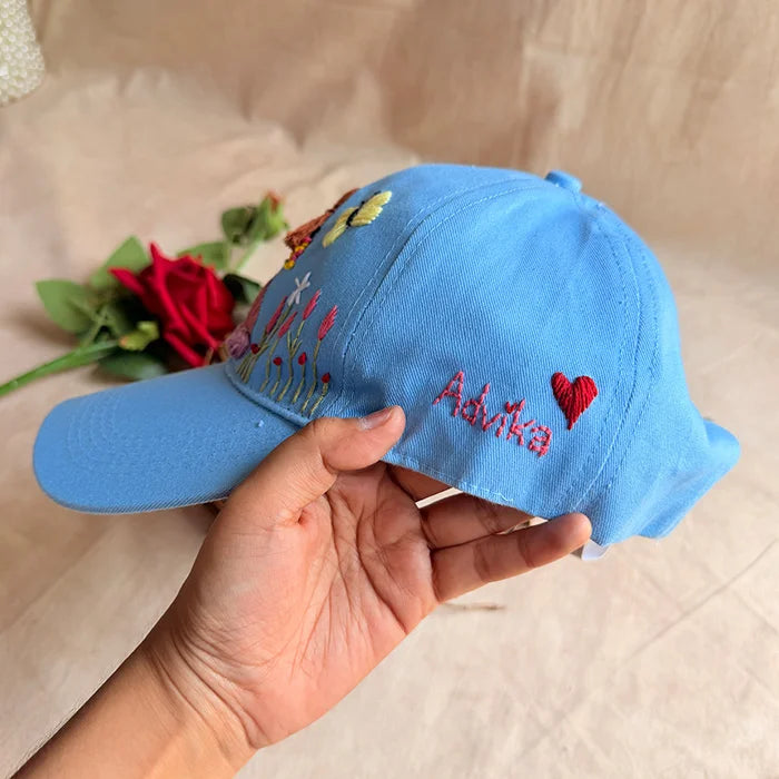 Garden Girl Personalized Sky Blue Summer Cap | Handmade Floral Cap for Women