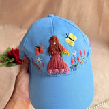 Garden Girl Personalized Sky Blue Summer Cap | Handmade Floral Cap for Women