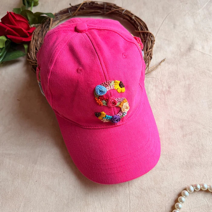 Rosy Initial Hand-Embroidered Summer Cap Dark Pink | Personalized Floral Initial Cap for Women